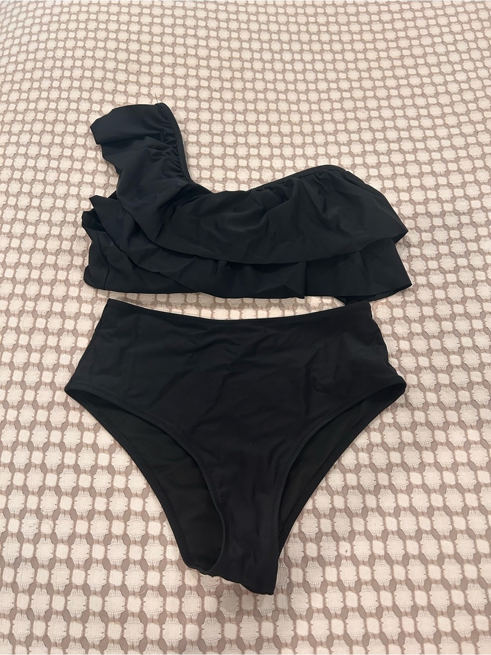 Black One-Shoulder Ruffle High-Waist Bikini Set - Women Swim
